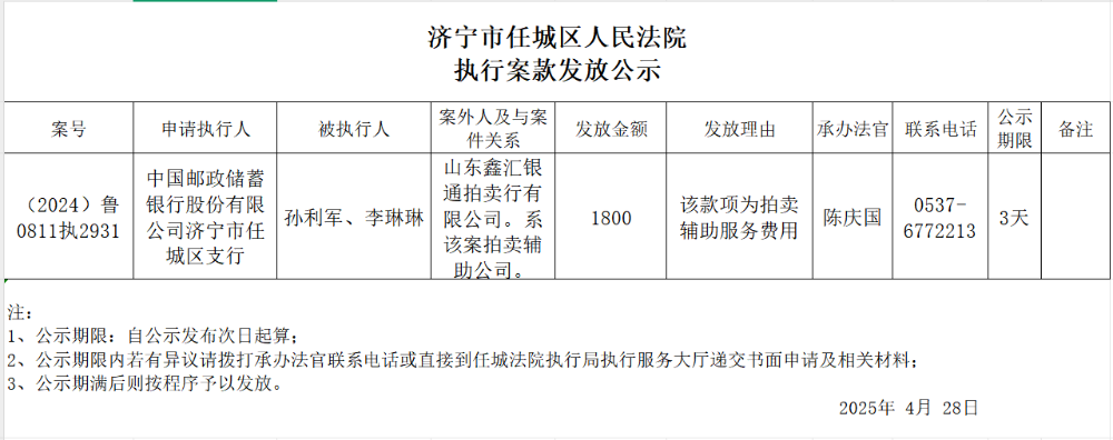 执行案款发放公示——（2024）鲁0811执2931
